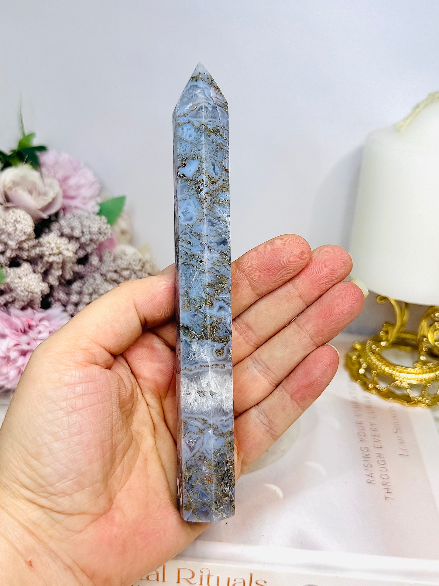 Blue Moss Agate Druzy Tower 16cm