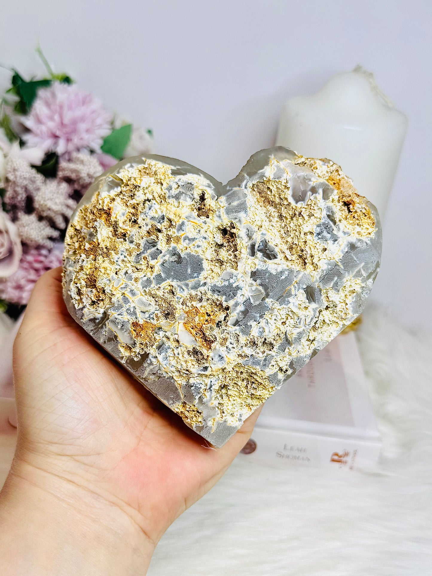Large Quartz Cluster Carved Heart with Black Tourmaline Inclusions 12cm 801g