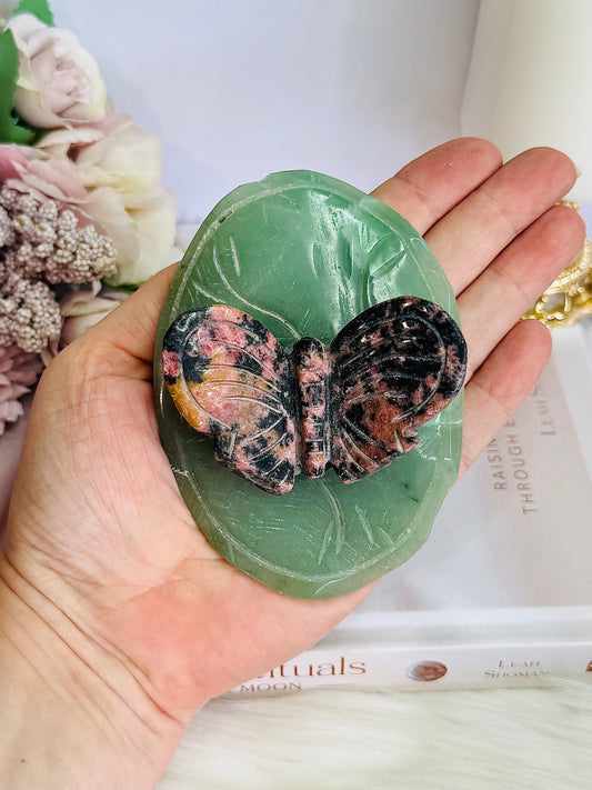 Beautiful Rhodonite Carved Butterfly On Green Aventurine Lillypad 10cm