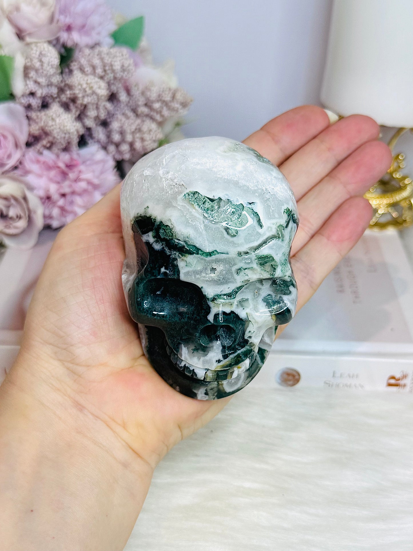 Large Moss Agate Carved Skull 9cm 469g