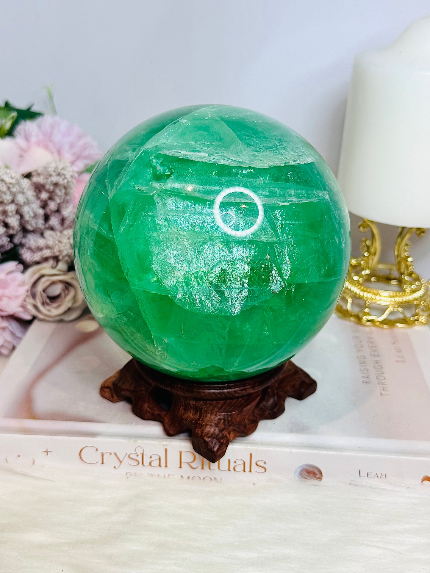 Huge High Grade Green Fluorite Sphere with Rainbows on Stand 2.4KG