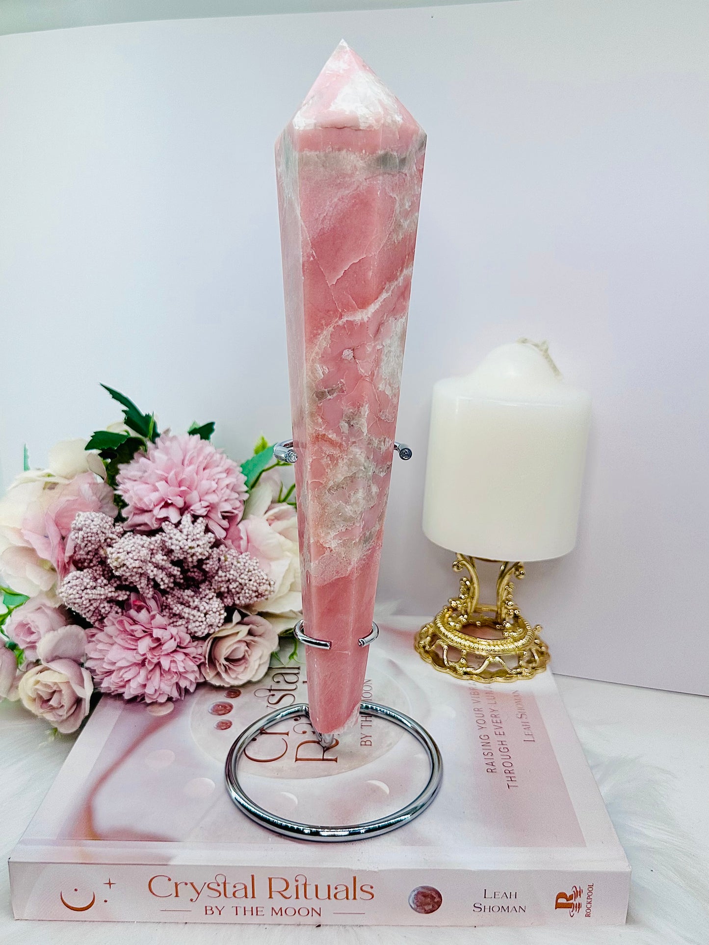 Classy & Fabulous Huge Pink Opal Wand | Obelisk Tower On Silver Stand 27cm