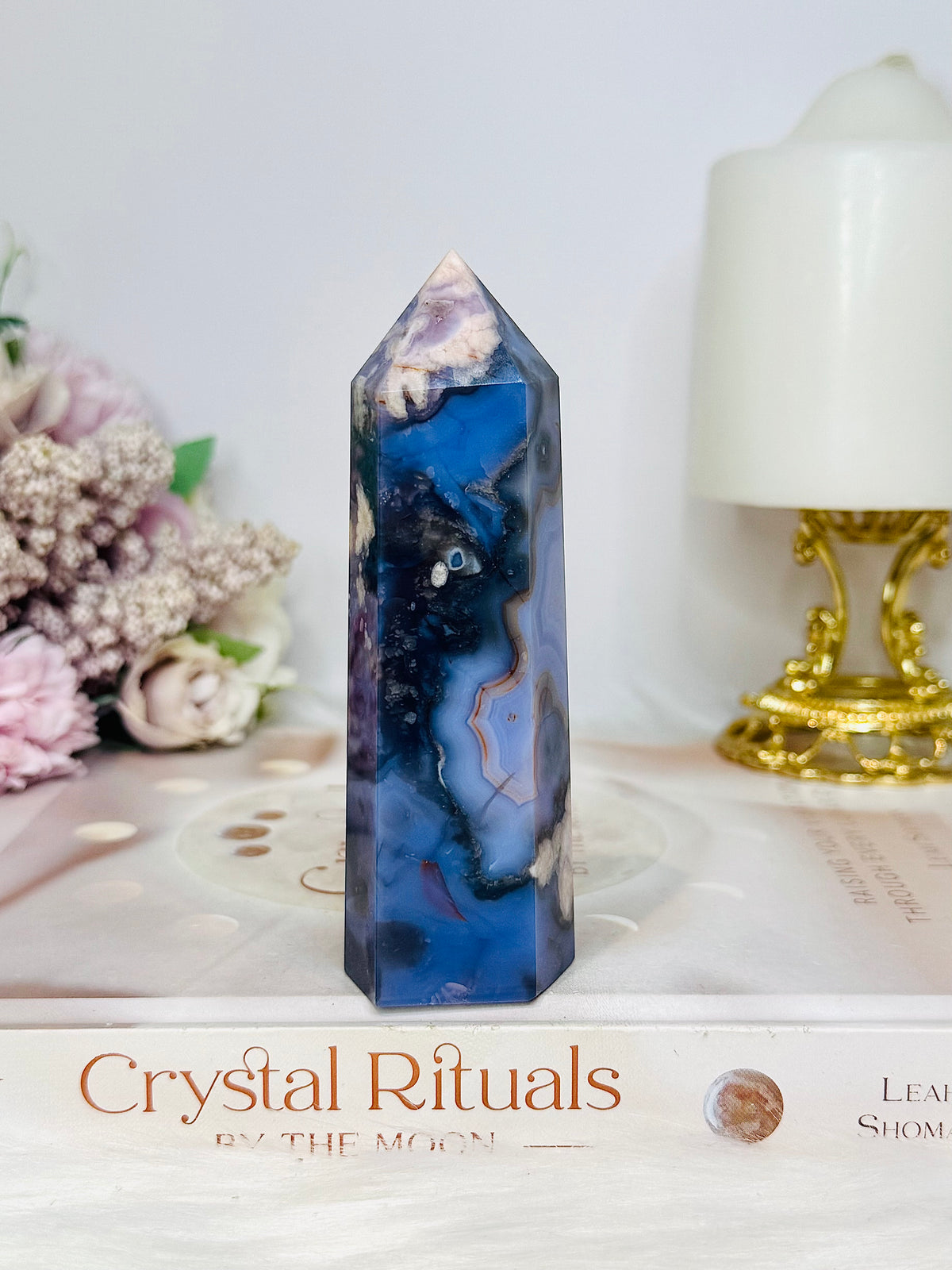High Grade Blue Flower Agate Druzy Tower 11cm