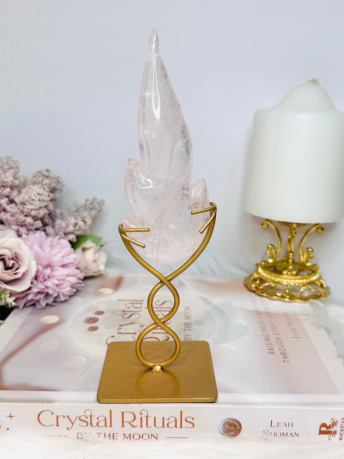 Rose Quartz Flame on Gold Stand 18cm