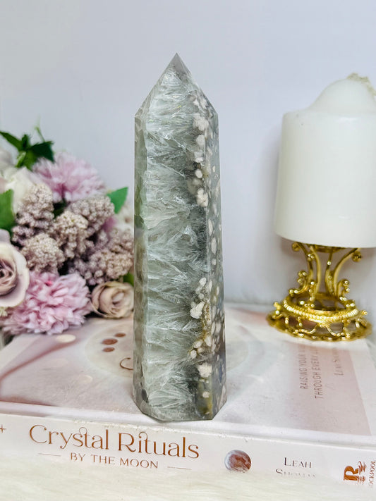 High Grade Large Green Flower Agate Tower 16cm