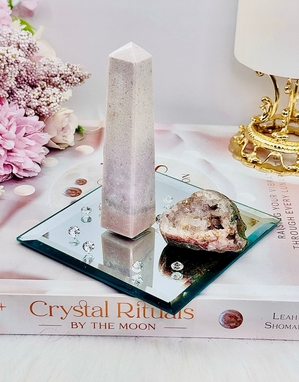 Pink Amethyst Gift Set ~ 10cm Mirror Tray, Pink Amethyst Tower & Natural Freeform