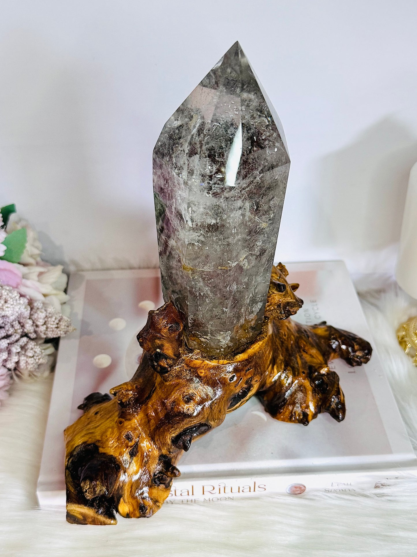 Stunning Large High Grade Garden Quartz | Lodolite Tower on Timber Base 1.02KG 21cm