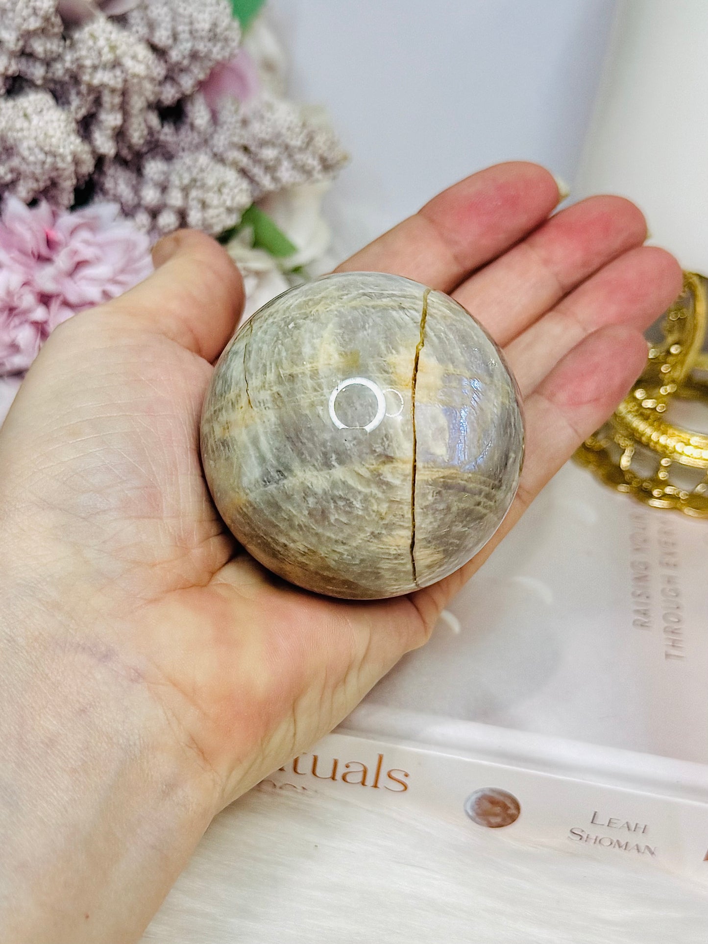 Moonstone Sphere with Blue Flash 6.5cm On Stand