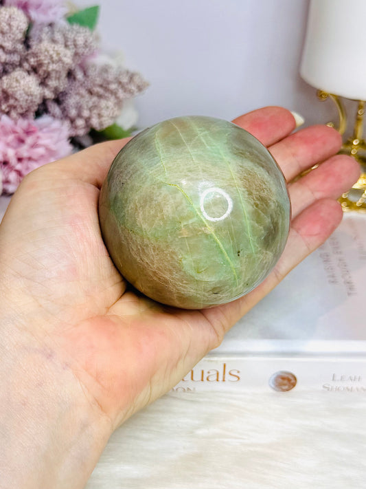 Large Green Moonstone Sphere on Timber Stand 383g