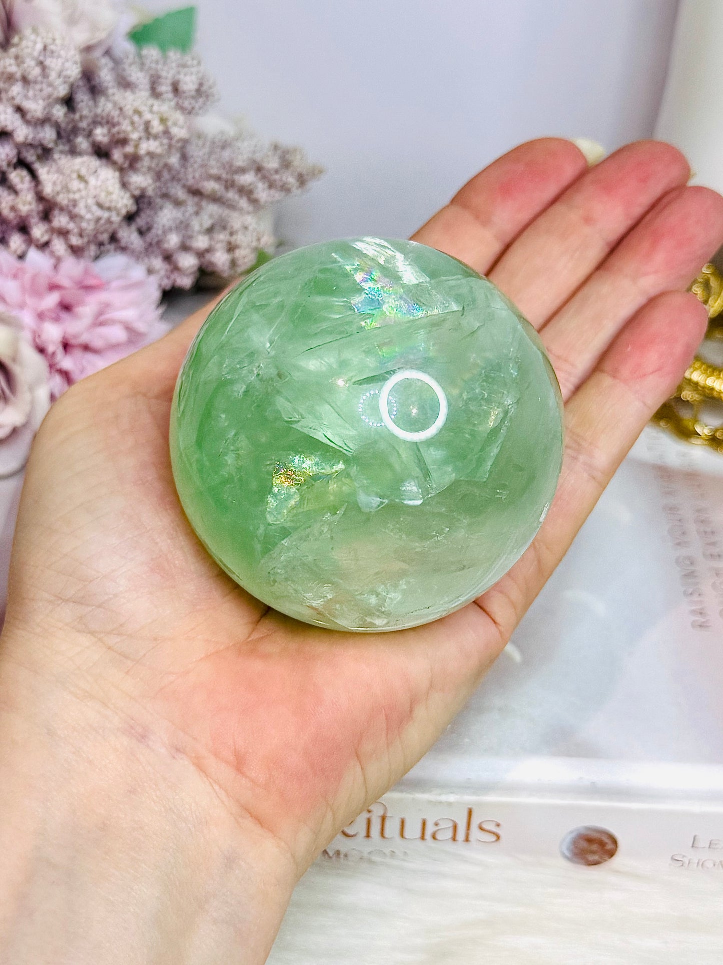 Large Green Fluorite Sphere Full of Rainbows On Stand 478g