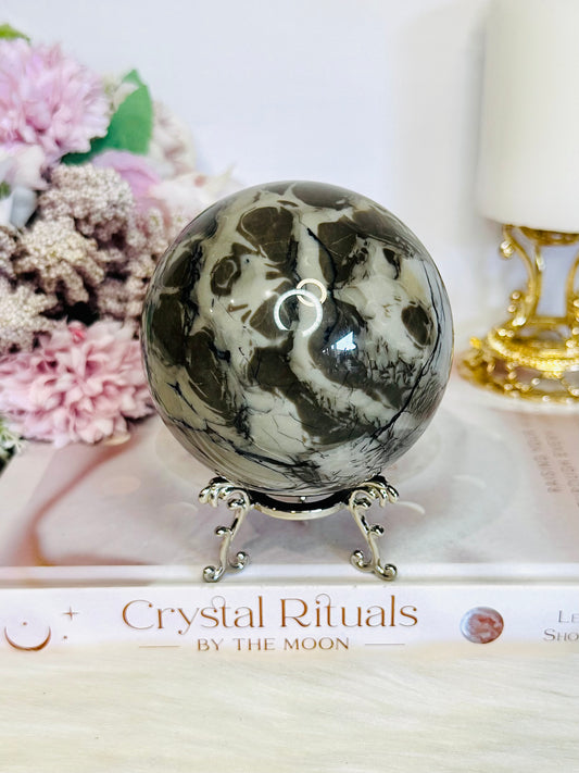 Natural Volcano Agate Druzy Sphere UV Reactive On Stand 607grams