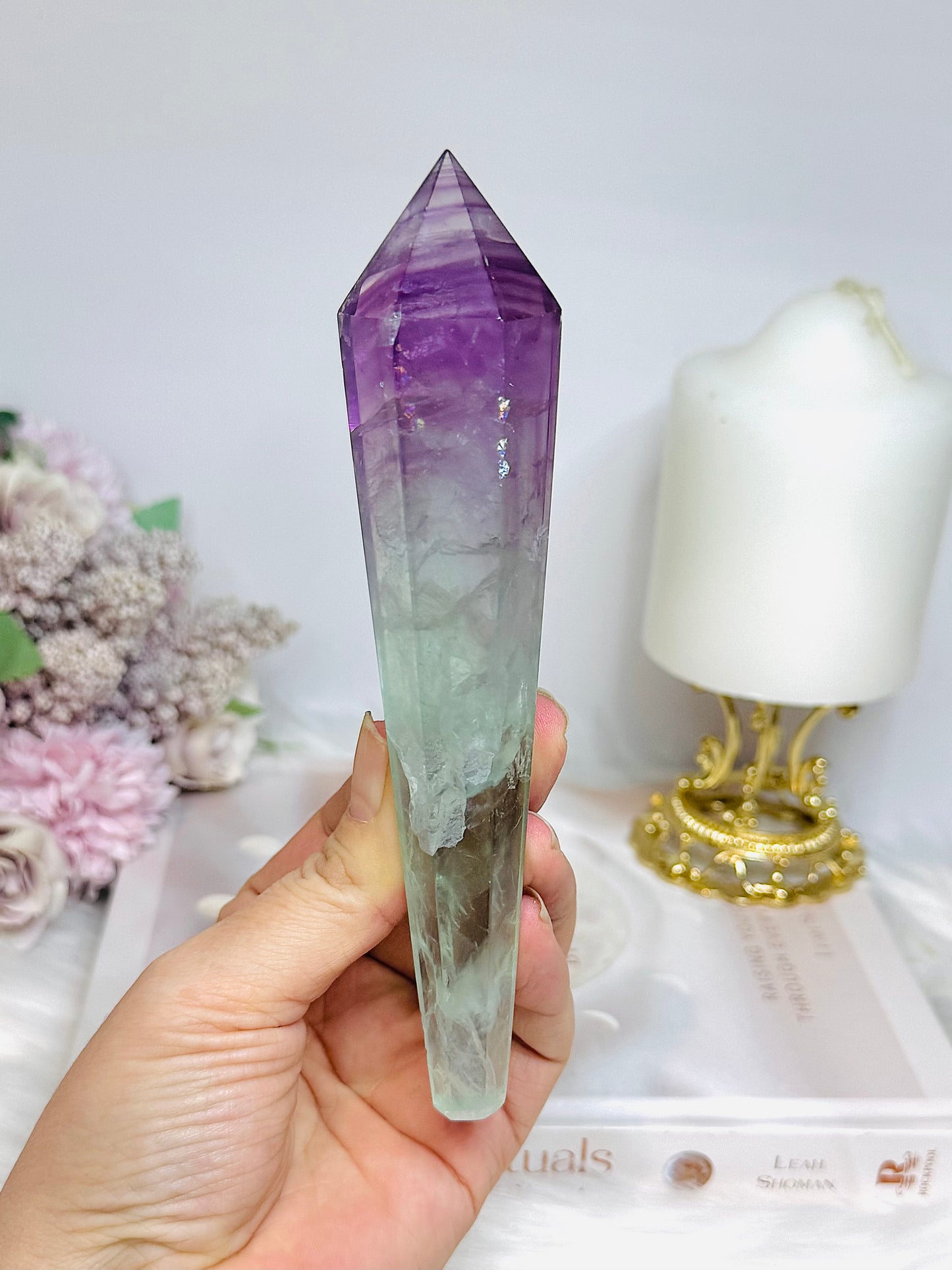 Watermelon Fluorite Tower | Wand with Rainbows 15.5cm