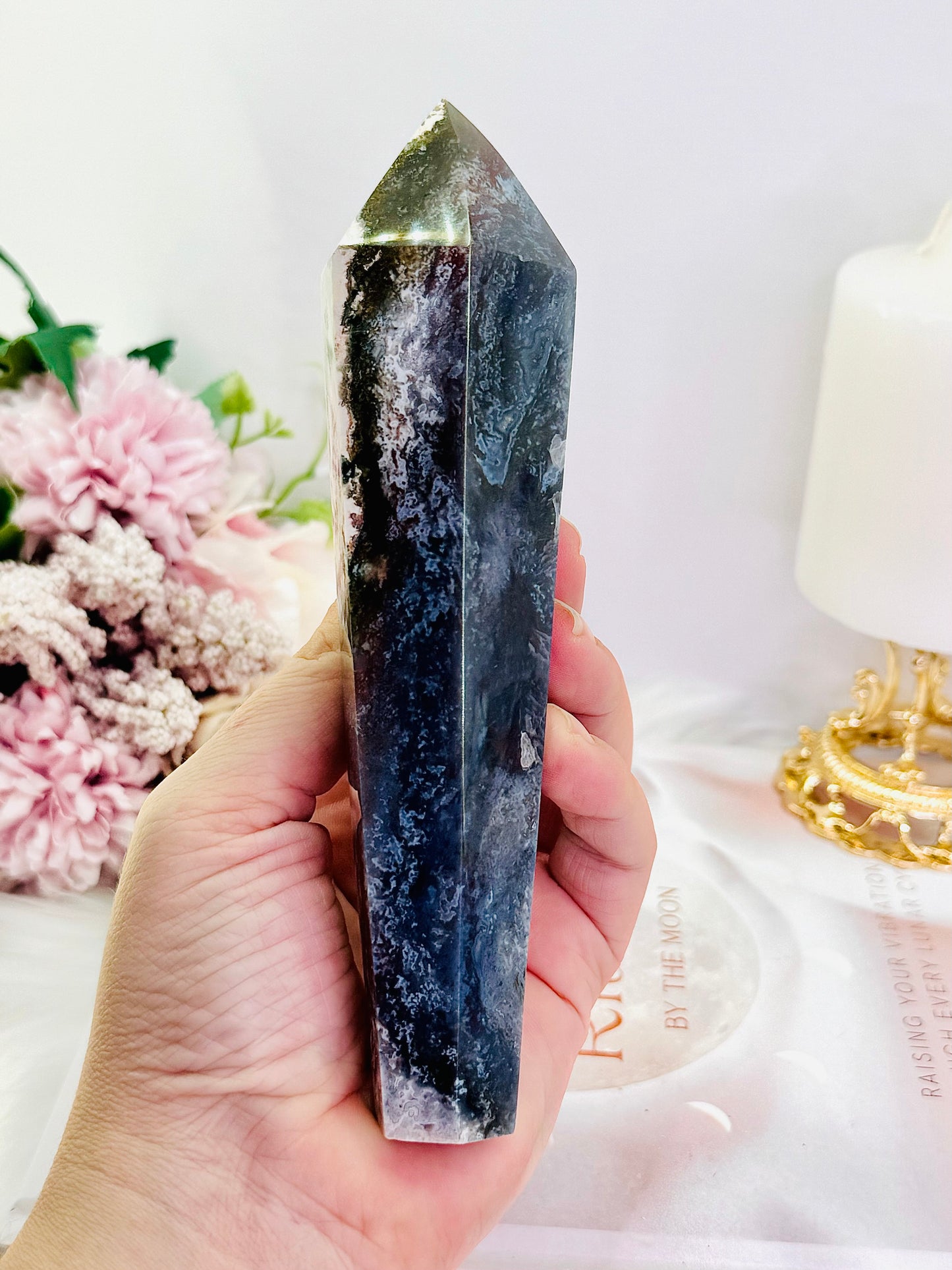 Absolutely Gorgeous Chunky Large 20cm (Inc Stand) Moss Agate Wand | Tower On Stand