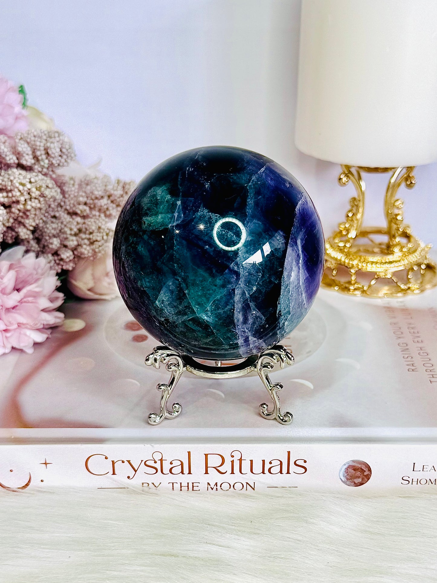 Incredibly Stunning Large 598gram Rainbow Fluorite Sphere On Stand with Amazing Rainbows