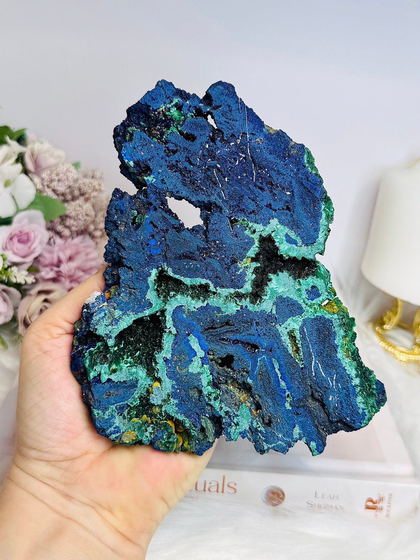 High Grade Azurite Slab with Malachite Inclusions on Stand 16cm 508g