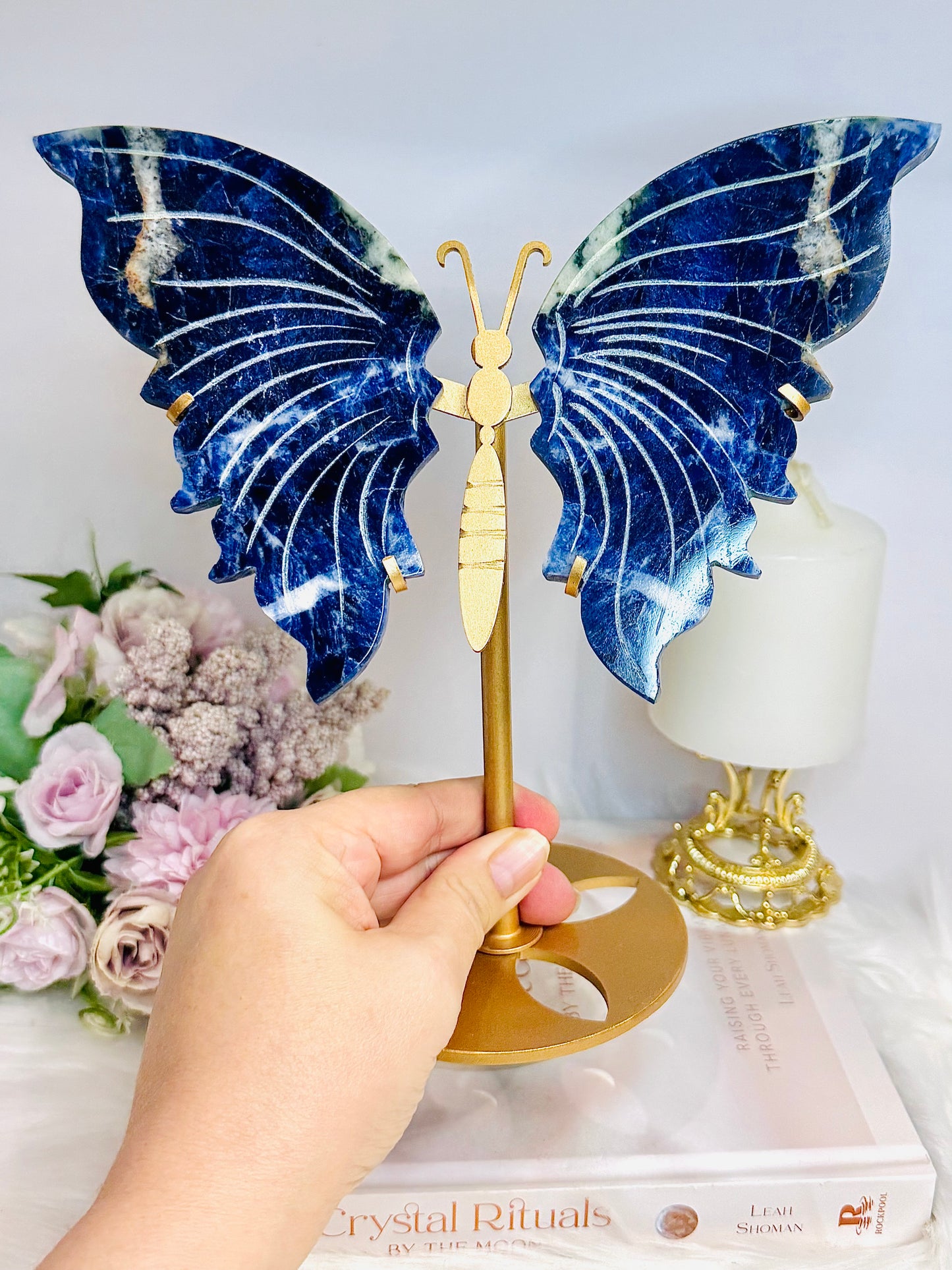 Large Blue Sodalite Carved Butterfly Wings on Stand 21.5cm