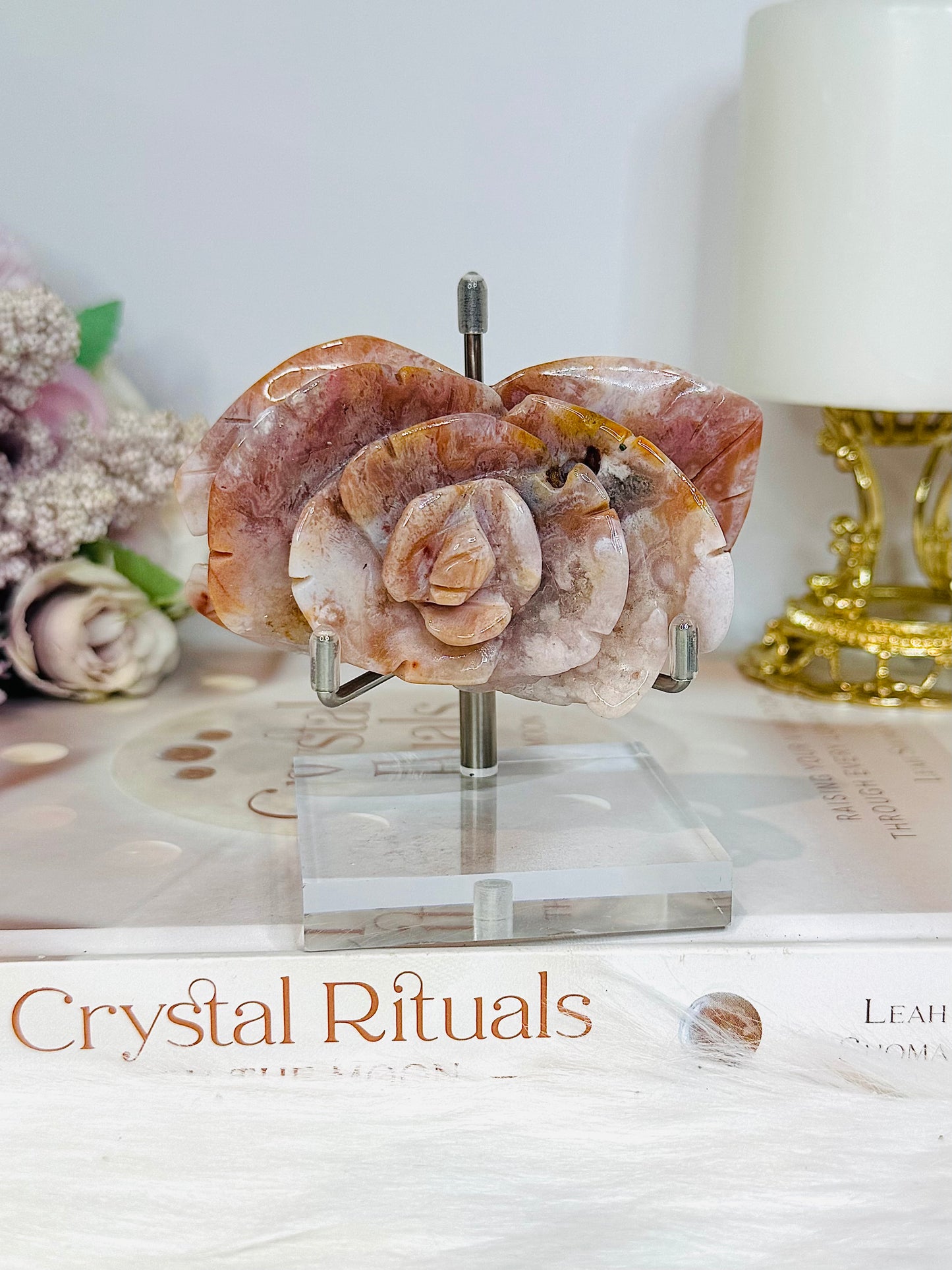 High Grade Flower Agate Carved Rose on Stand 8.5cm