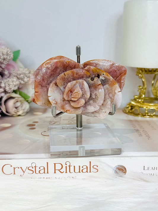 High Grade Flower Agate Carved Rose on Stand 8.5cm