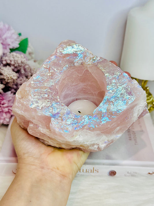 Large Chunky 1.2KG 14cm Angel Aura Rose Quartz Candle Holder