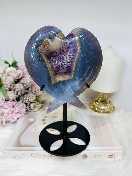 Large Amethyst Druzy Agate Heart on Stand 551g