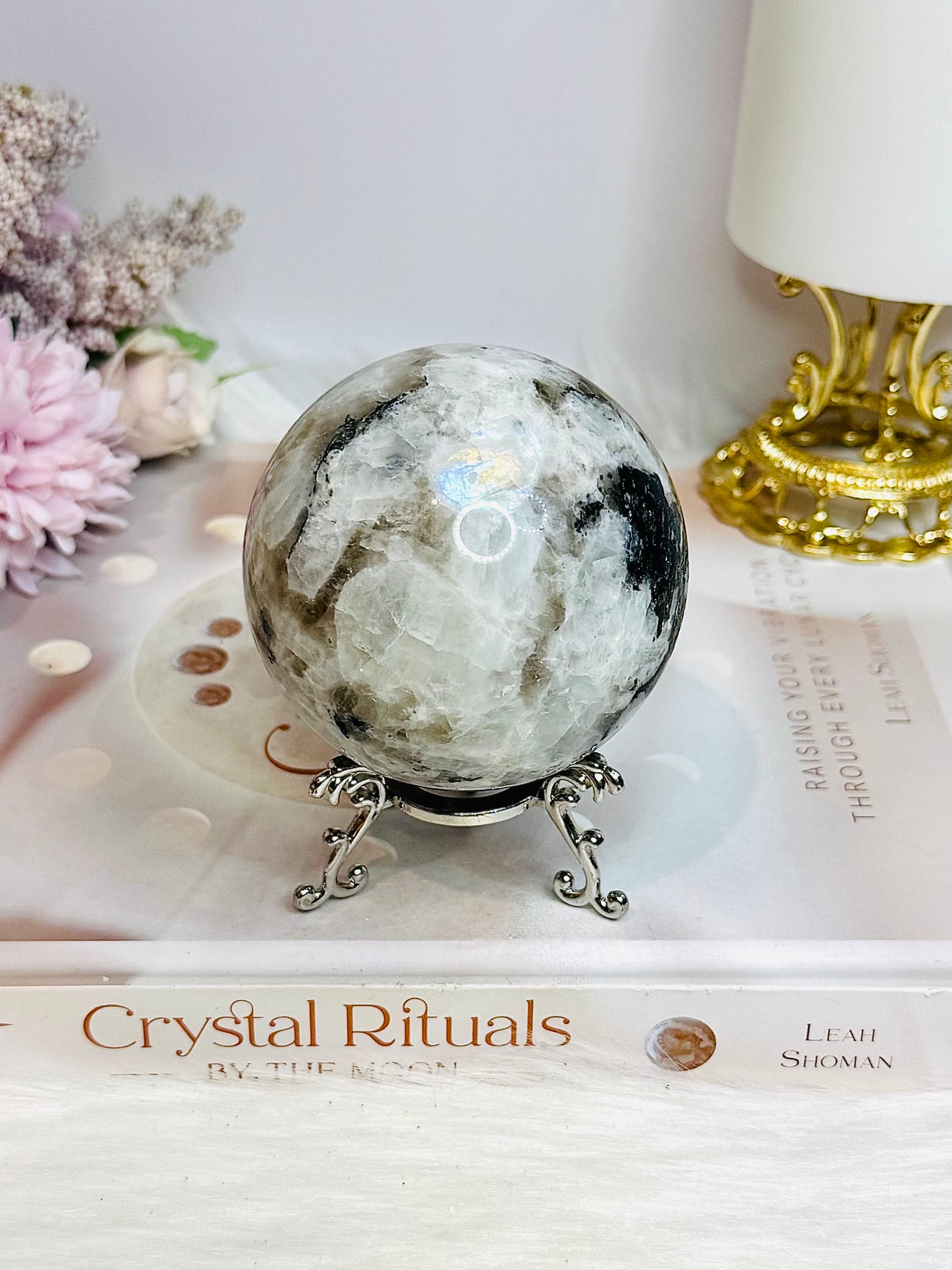 Large Rainbow Moonstone Sphere with Blue Flash 464g