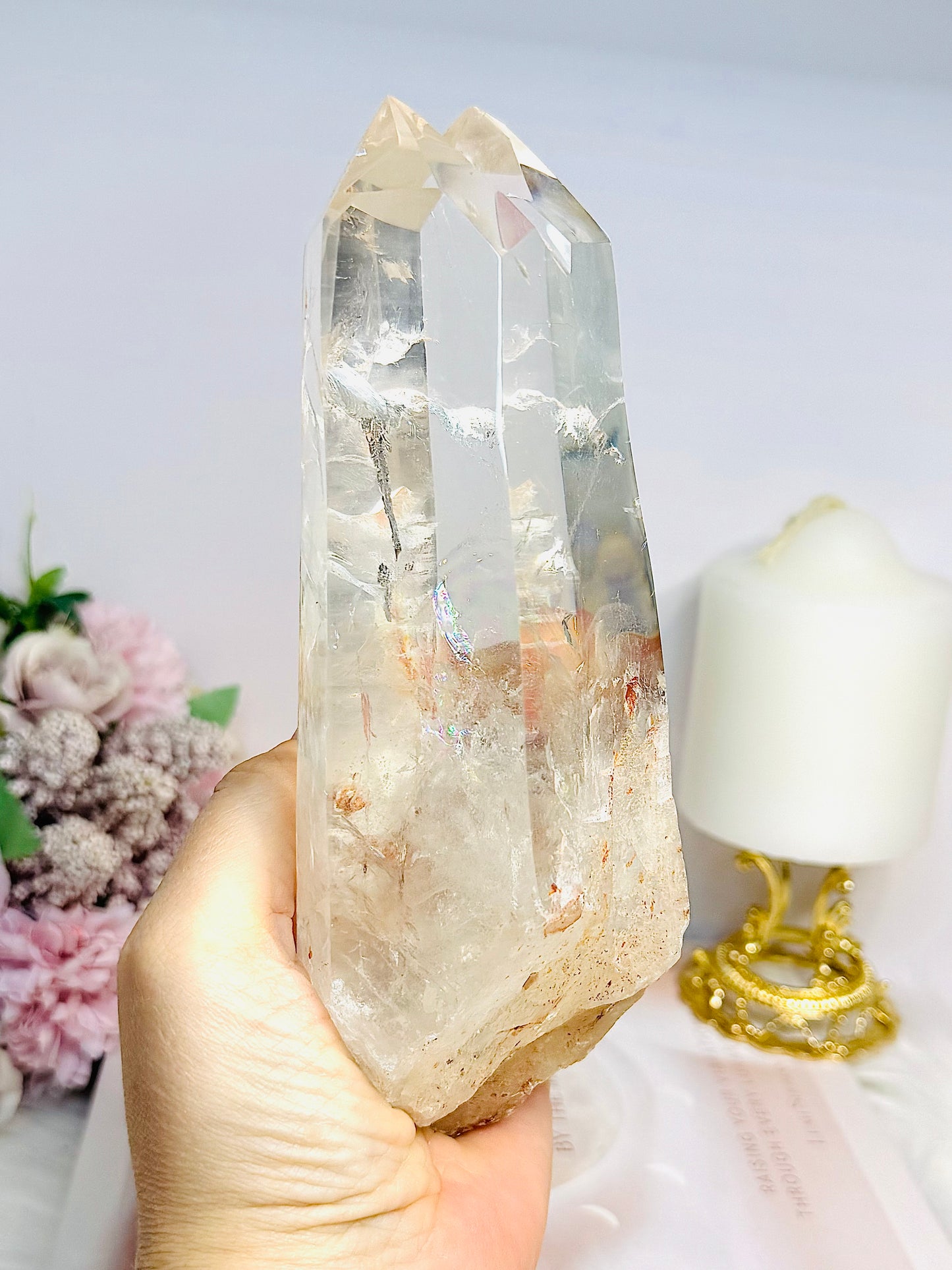 High Grade Clear Quartz Twin | Double Tower with Rainbows on Stand 18.5cm 961g