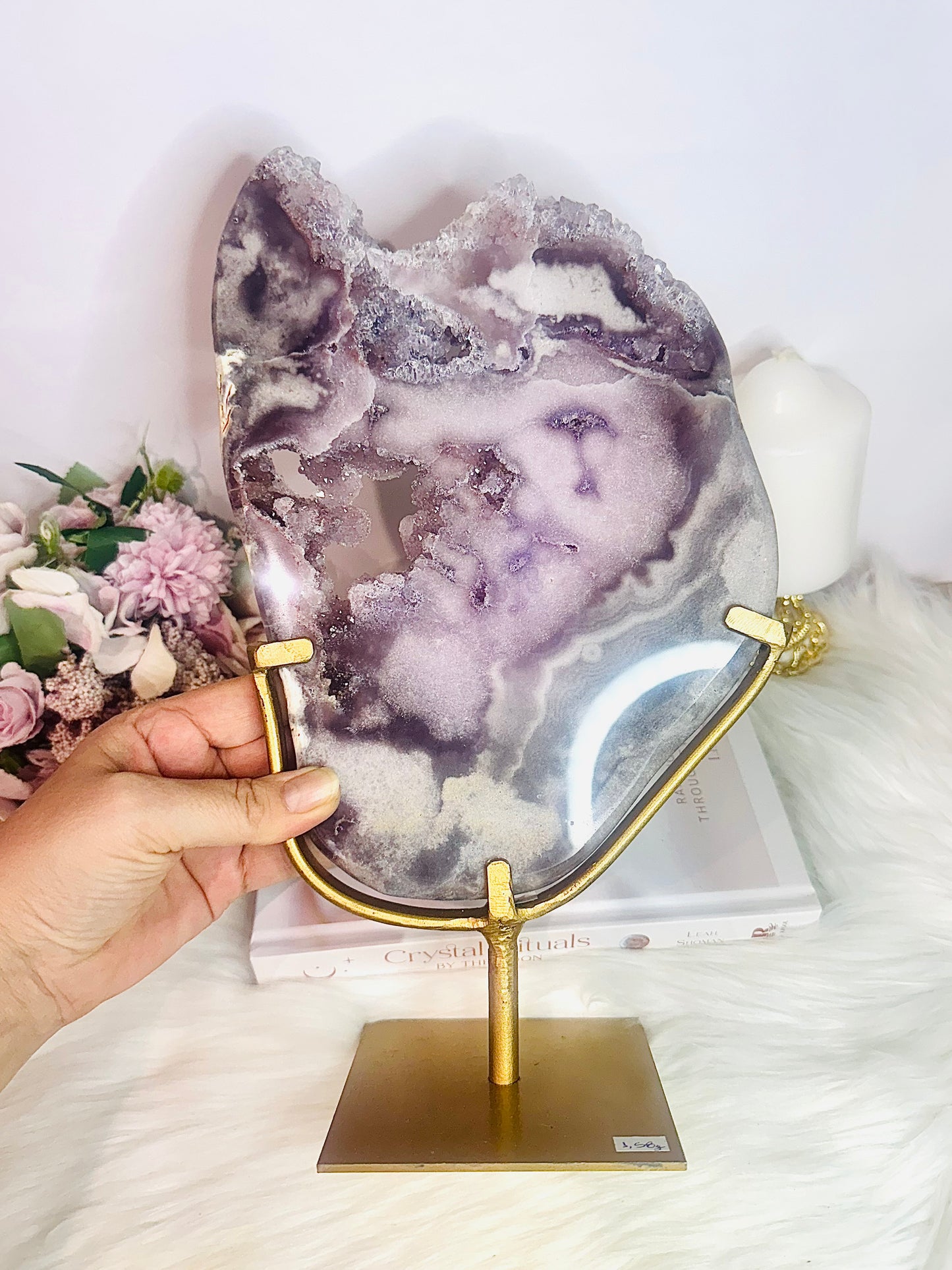 The Most Incredible High Grade Druzy Pink Amethyst Natural Slab On Gold Stand 1.56KG 30cm