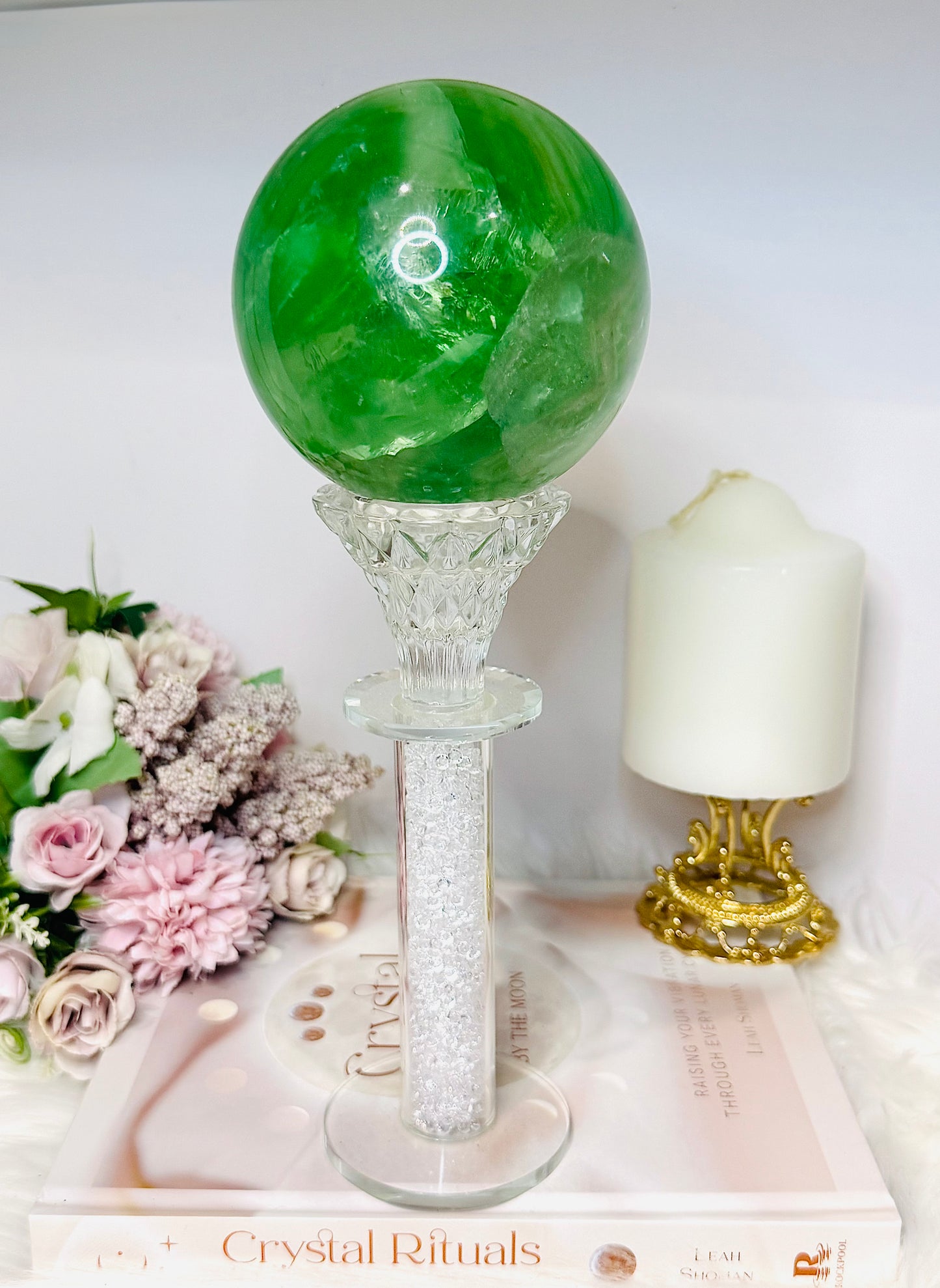 Huge Green Fluorite Sphere with Rainbows On Tall Glass Stand 1.4KG (stand can be changed)