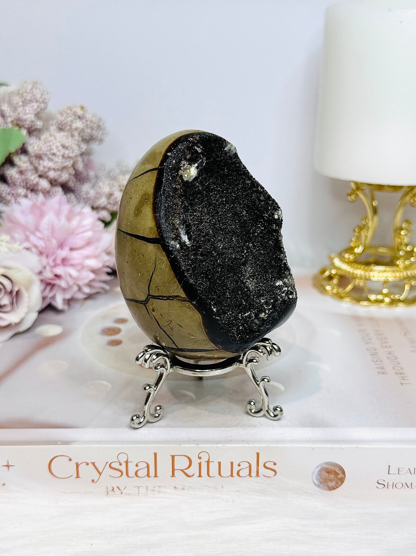 Druzy Septarian Egg on Stand 344g