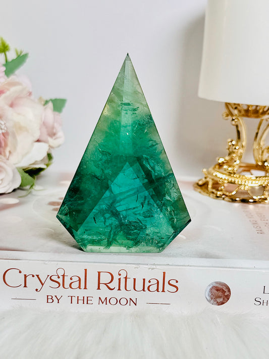 Perfect 9cm Green Fluorite Carved Flame