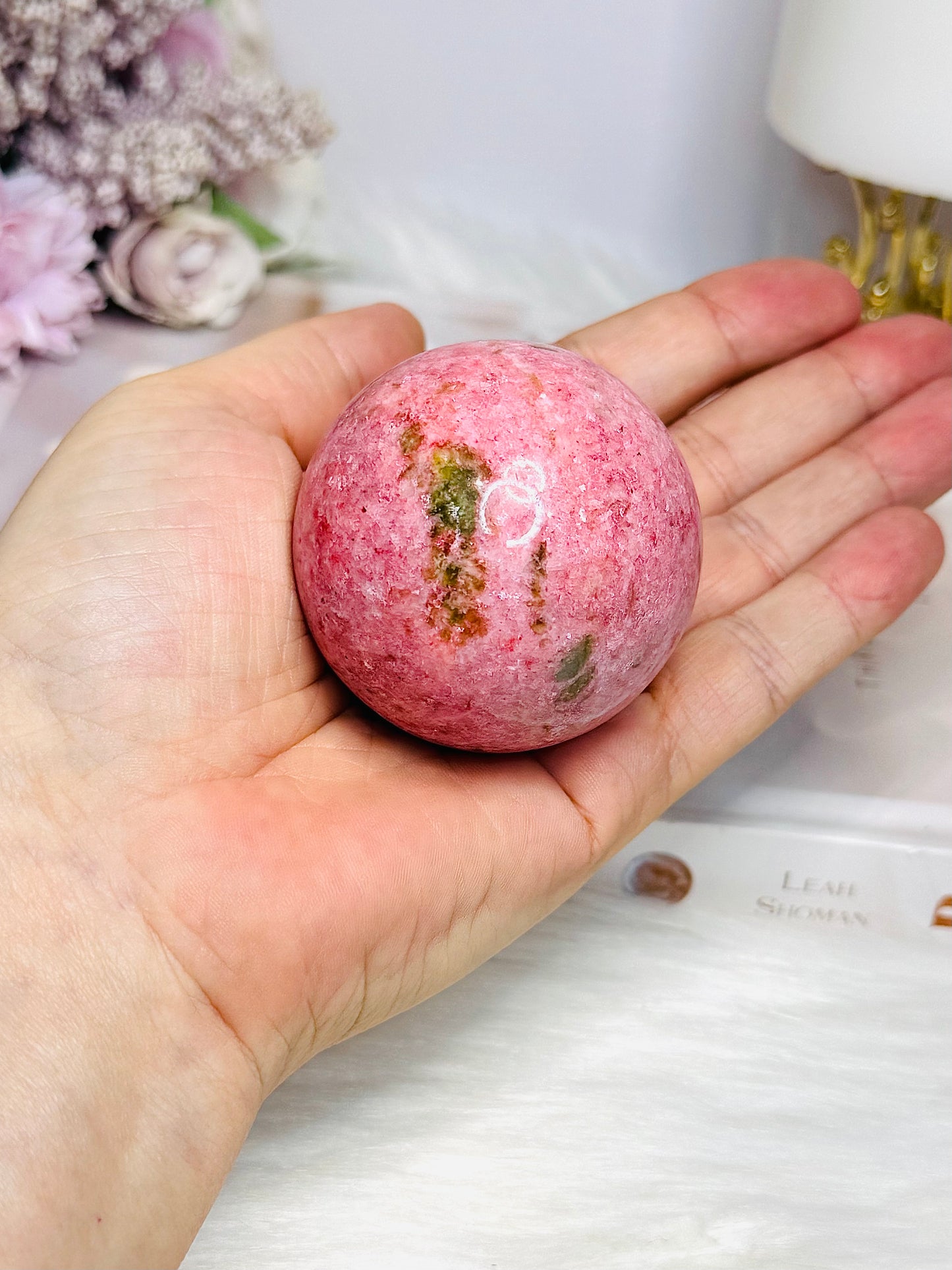 Thulite Sphere with Epidote 214g On Stand