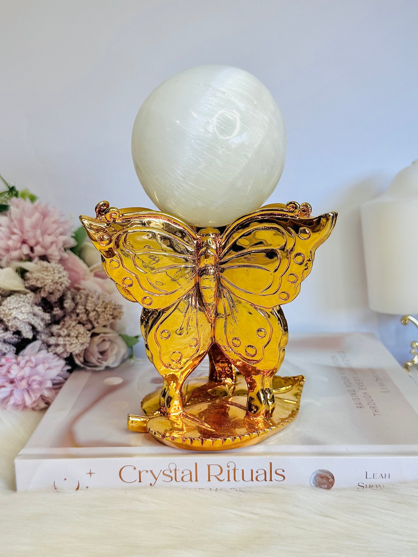 Large Gorgeous 17cm Gold Butterfly Stand with Large Selenite Sphere