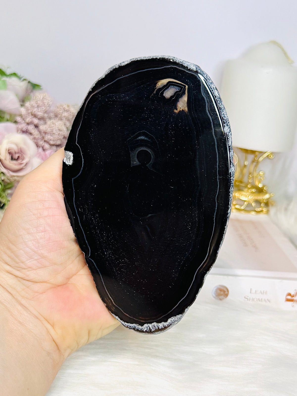 Large Black Agate Slice On Stand 14cm