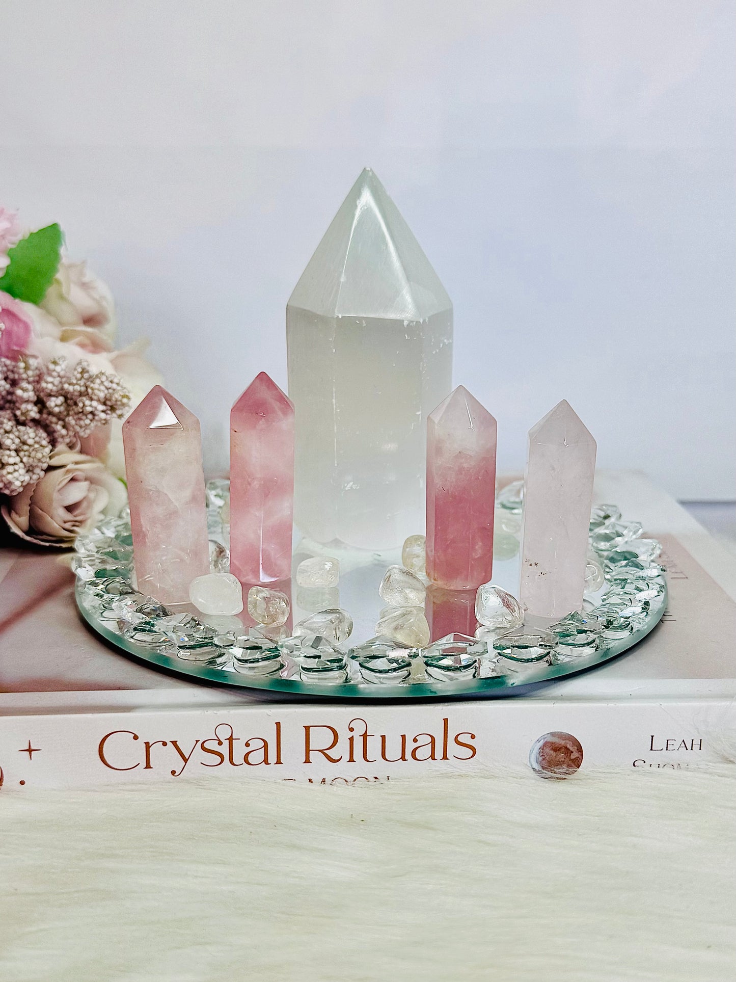 Rose Quartz Set ~ Beautiful 15cm Diamanté Mirror Tray with Chunky Selenite Tower, 4 Rose Quartz Towers & Clear Quartz Chips