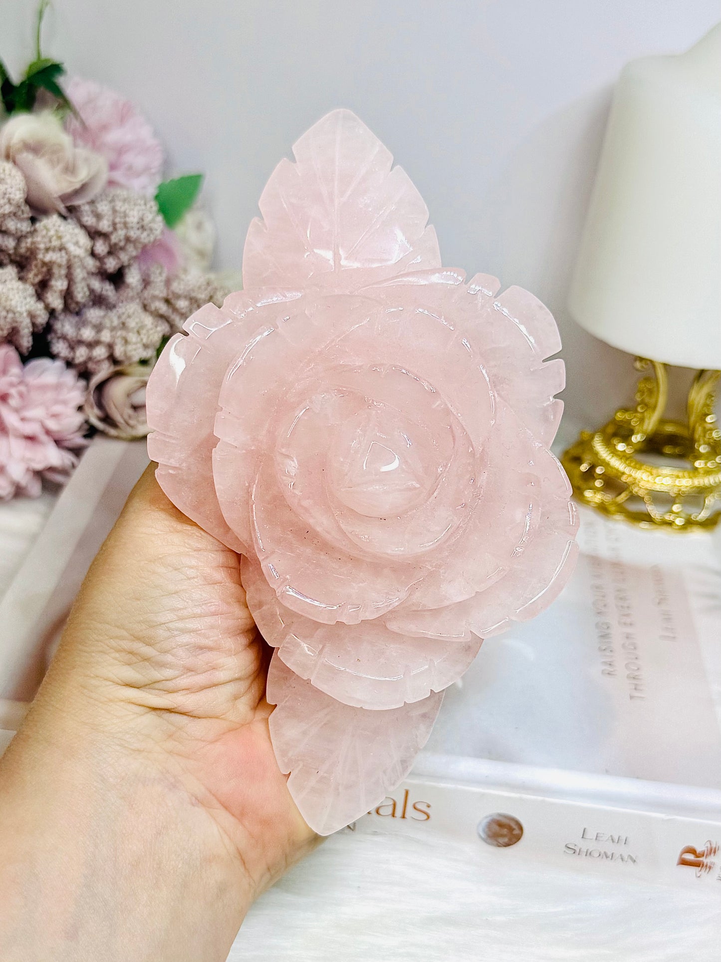 Large Rose Quartz Carved Rose | Flower 15.5cm