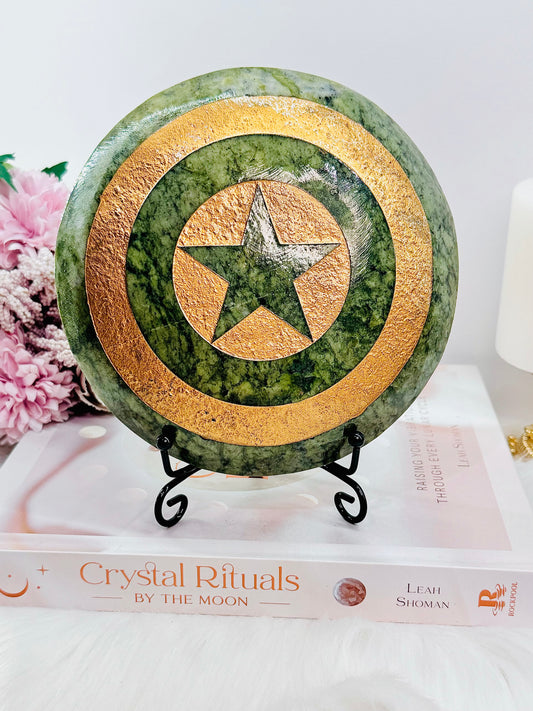 Perfectly Carved Large Jade Carved Green ‘Captain America’ Shield On Stand 17cm 825grams