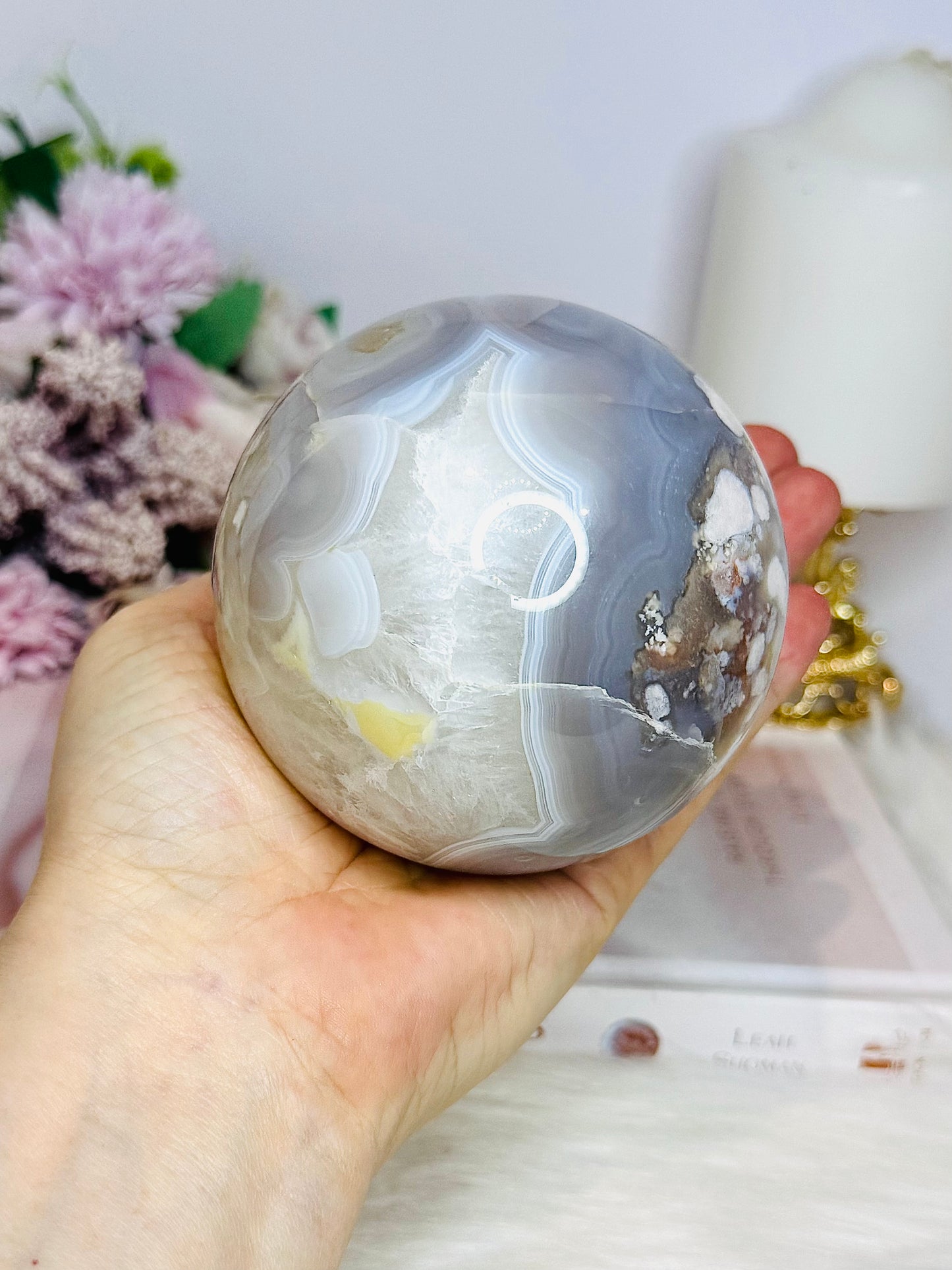 Large Flower Agate Sphere On Stand 848g