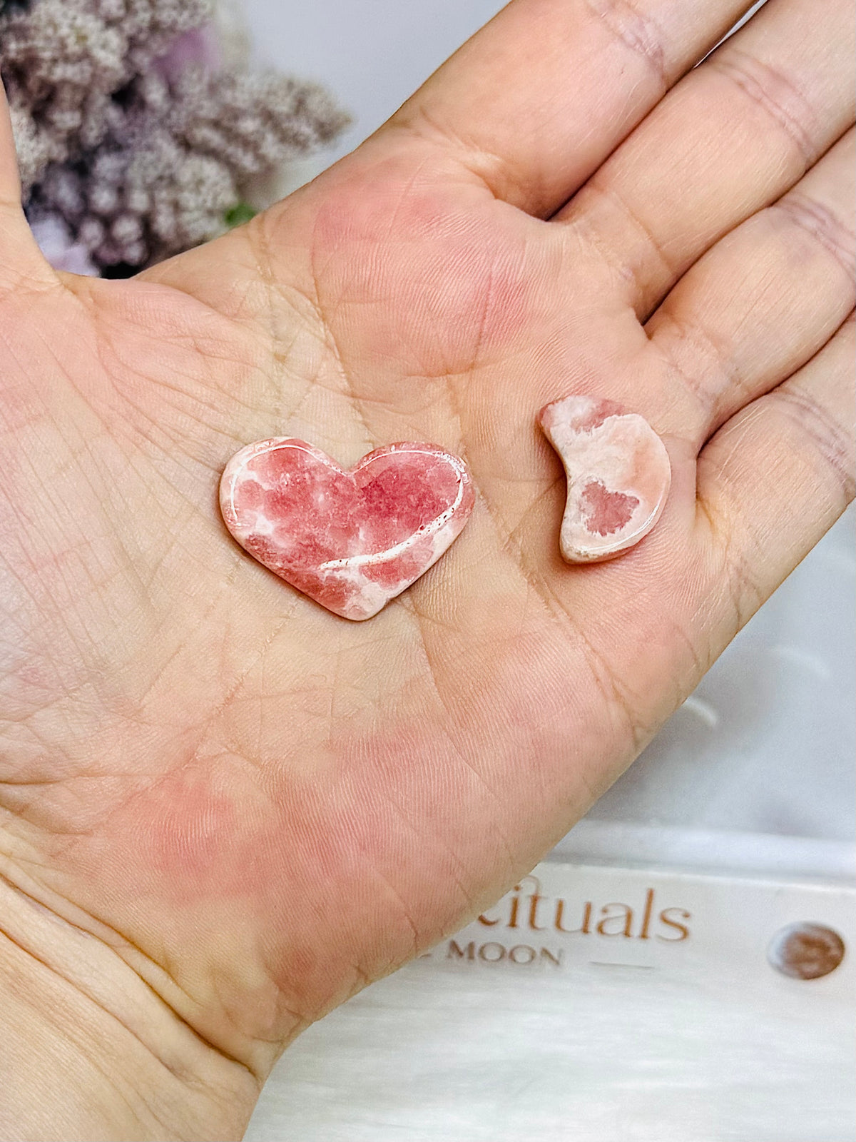 Rhodochrosite Small Heart & Moon Set
