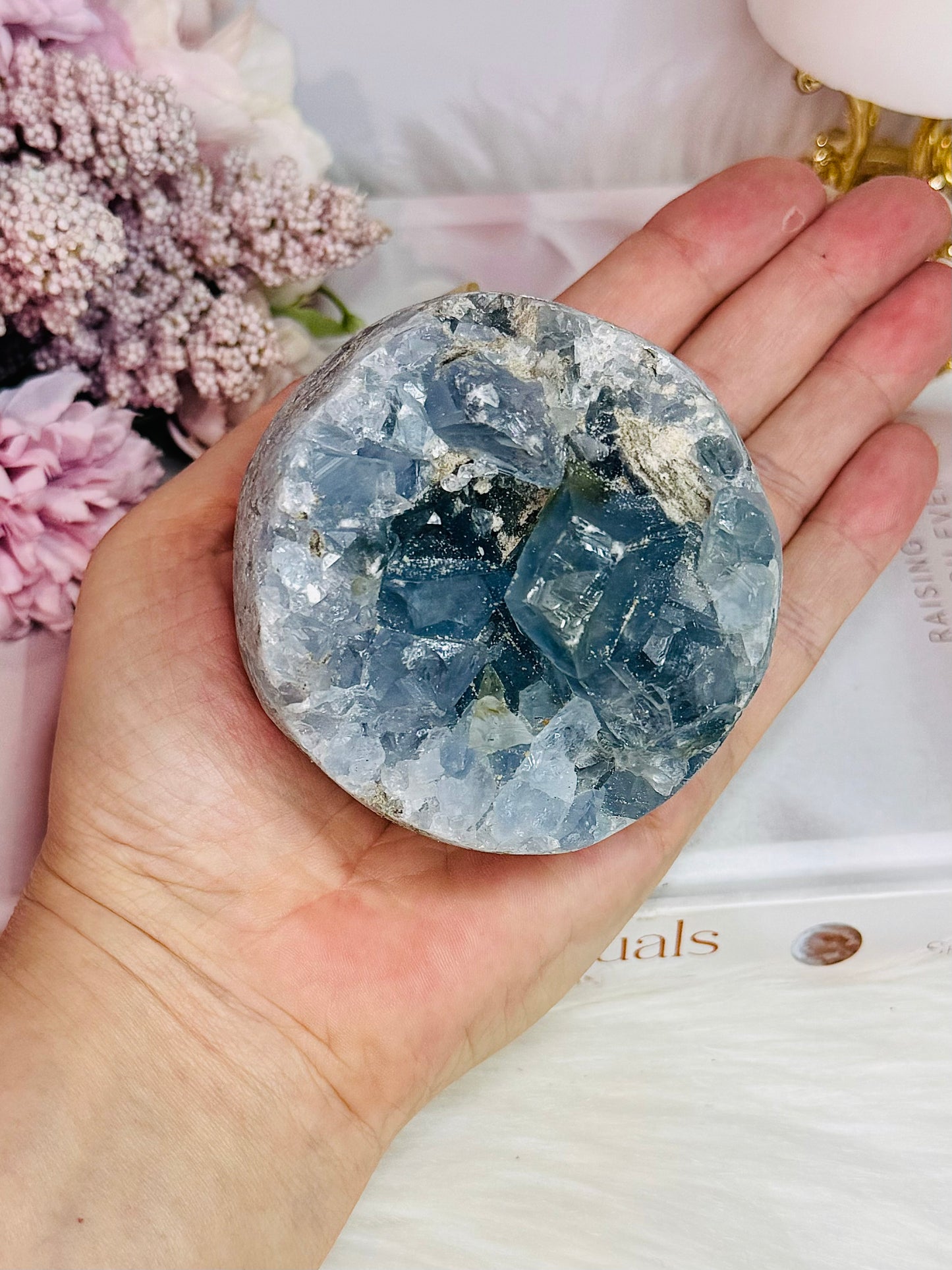 Blue Celestite Large Chunky Natural Druzy Sphere On Stand 648grams