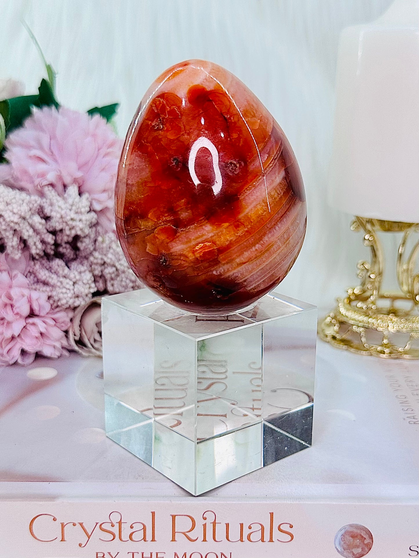Absolutely Gorgeous Carnelian Egg 349grams On Stand (Glass stand in pic is display only)