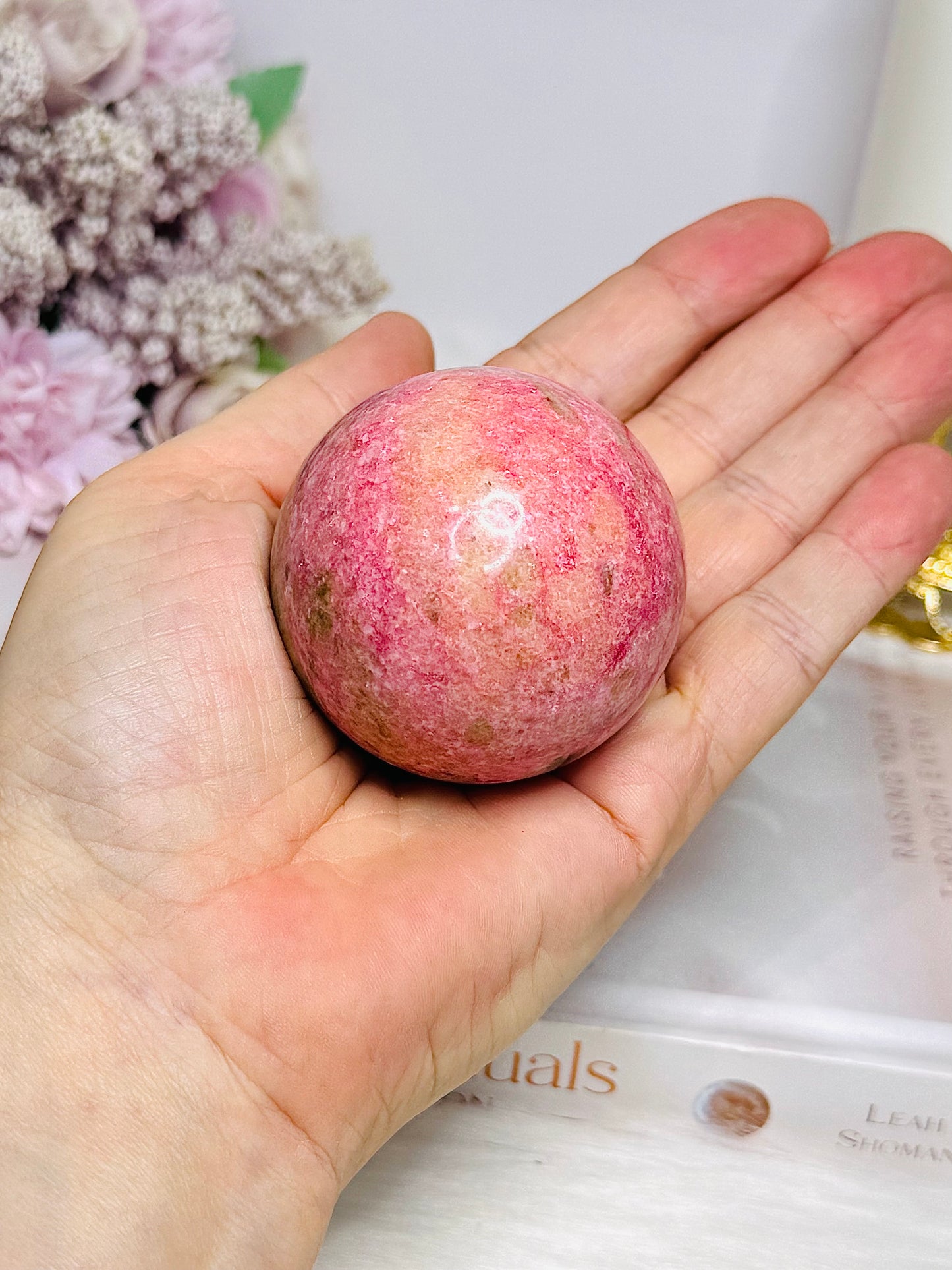 Thulite Sphere with Epidote 202g On Stand