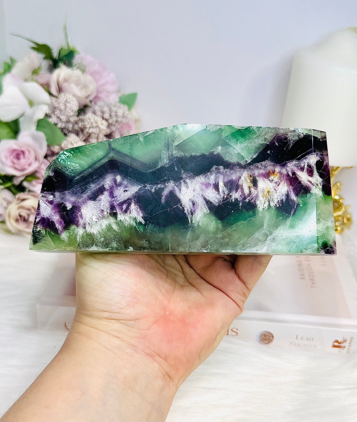 High Grade Rainbow Feather Fluorite Thick Slab 15cm