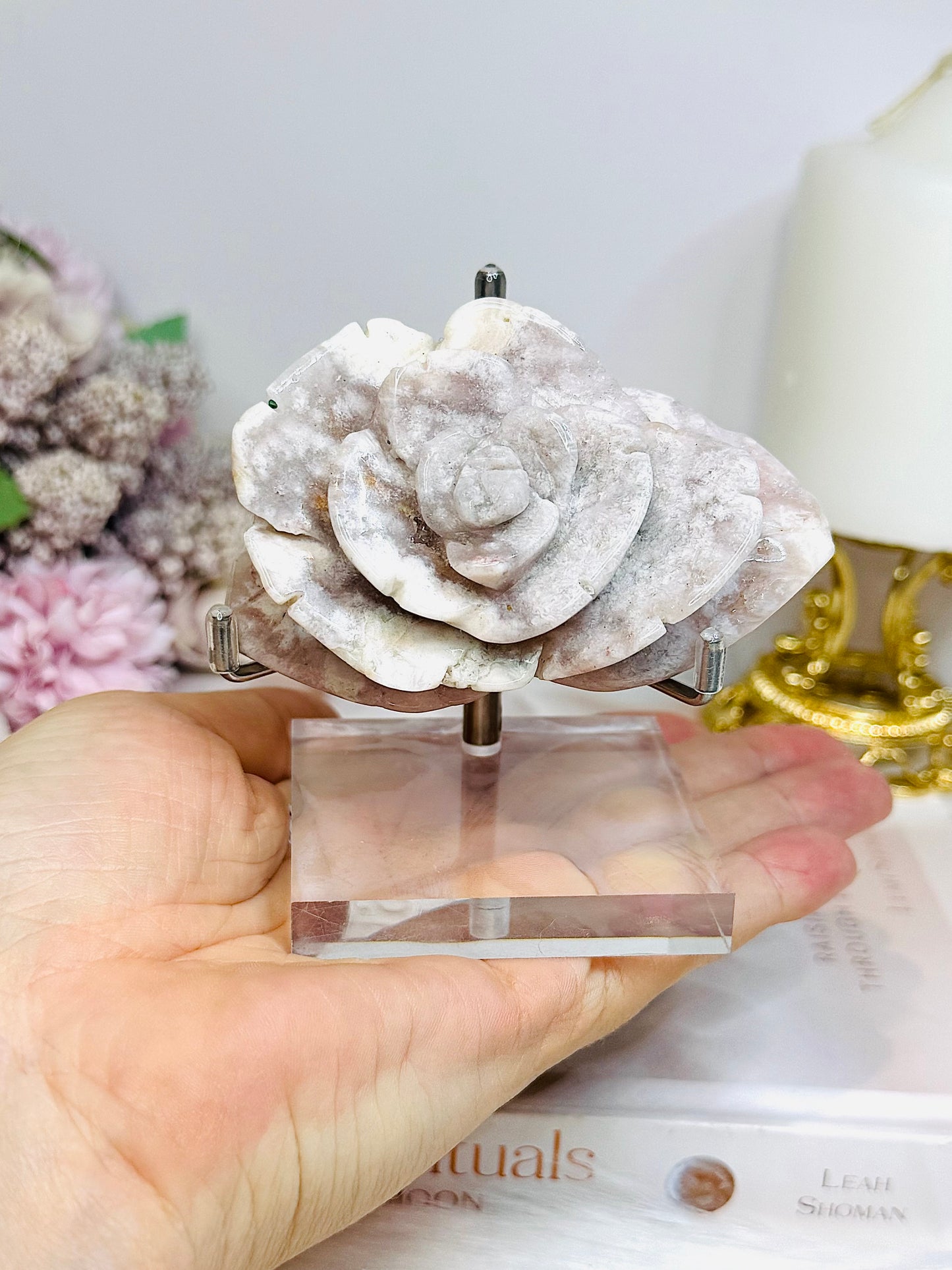 Flower Agate Carved Rose on Stand 8.5cm