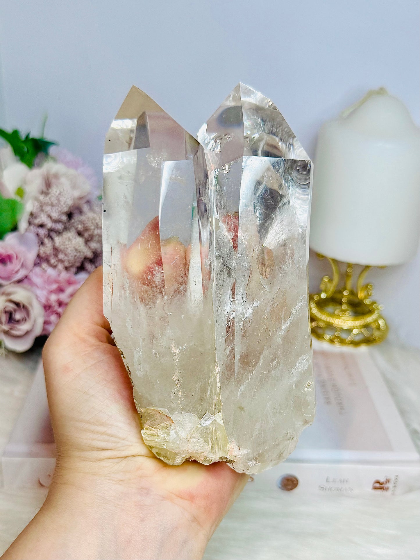 High Grade Clear Quartz Twin | Double Tower with Rainbows on Stand 18cm (on stand) 900g