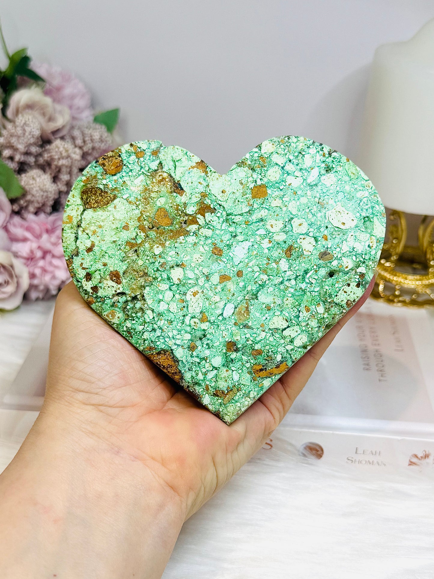 Large Natural Variscite Carved Heart on Stand 12cm