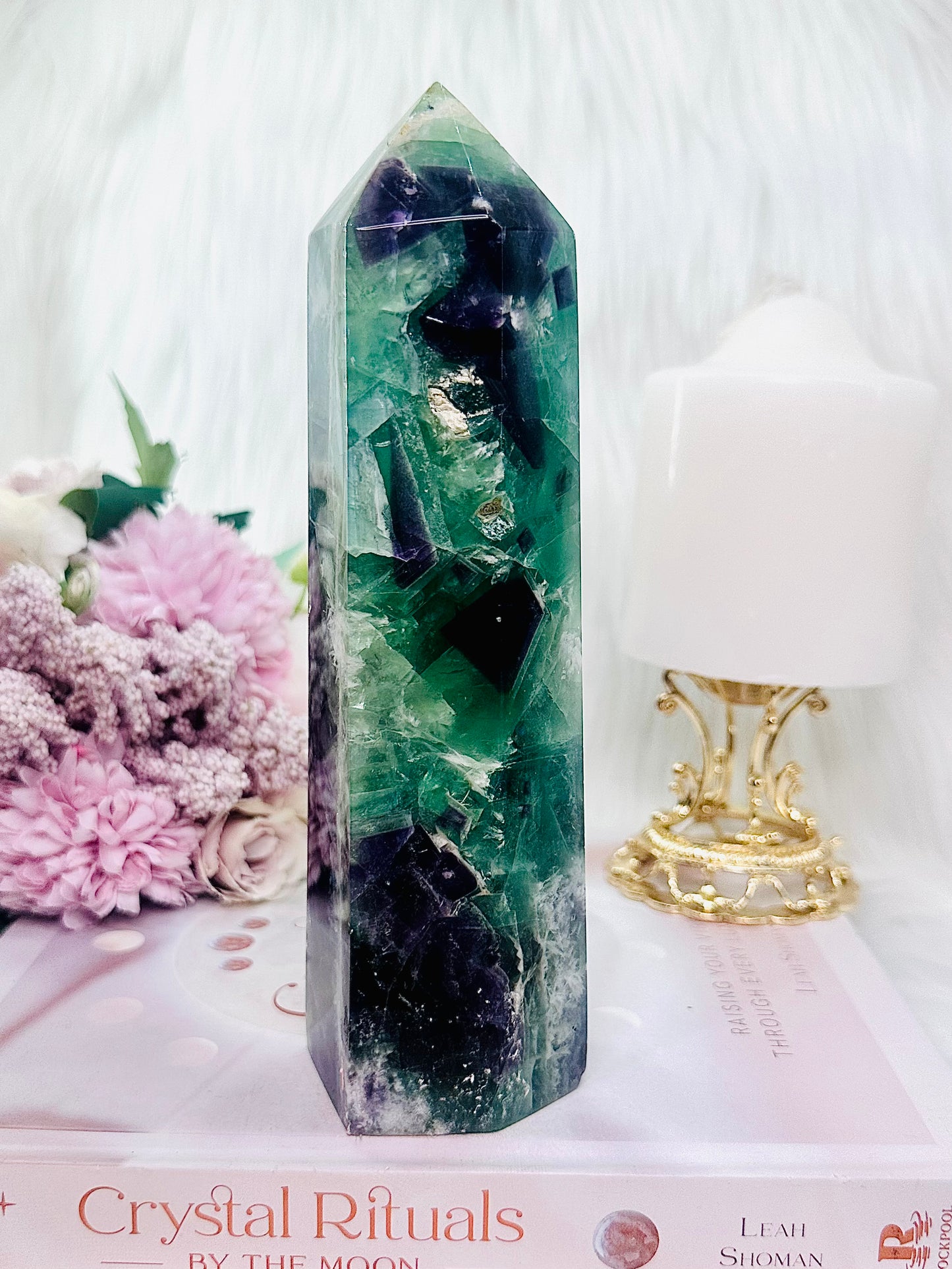 Absolutely Incredible Large 871gram 18.5cm Chunky Feather Fluorite Tower with Rainbows