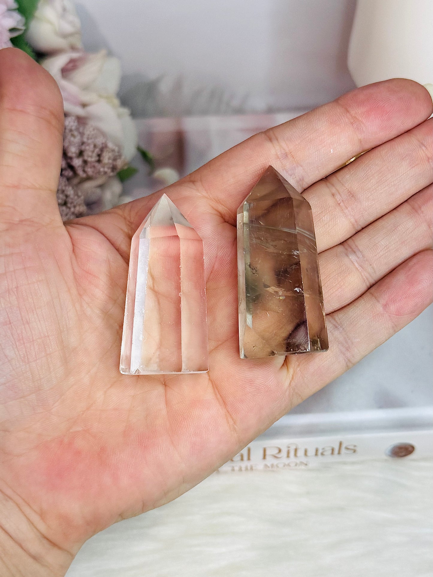 Gorgeous Set of 2 Towers 5cm ~ Smokey Quartz & Clear Quartz