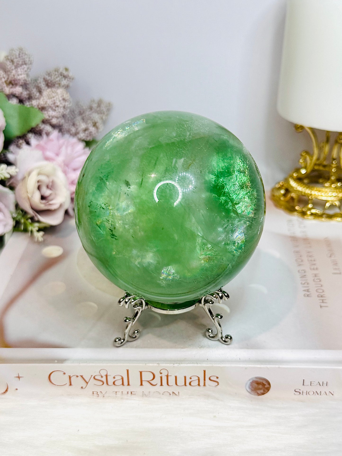 Large Green Fluorite Sphere Full of Rainbows 923g