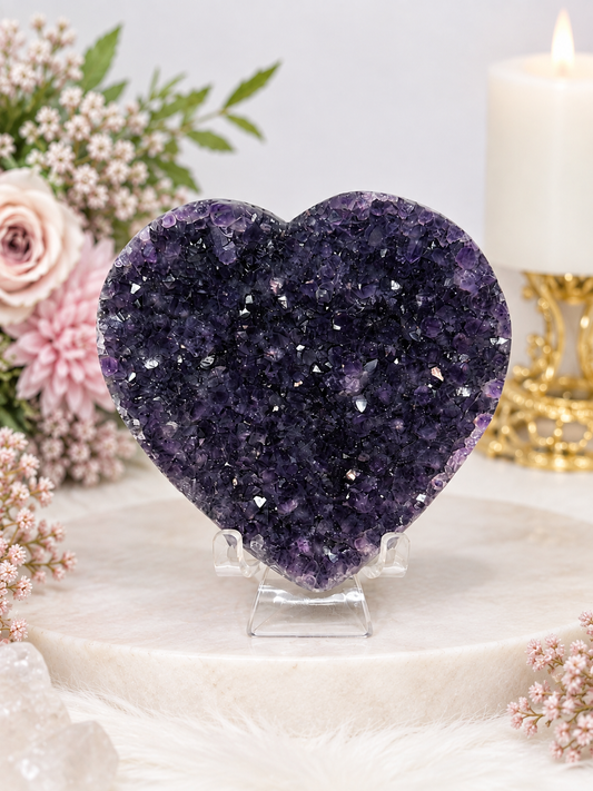 Large High Grade Amethyst Cluster Heart on Stand 342g