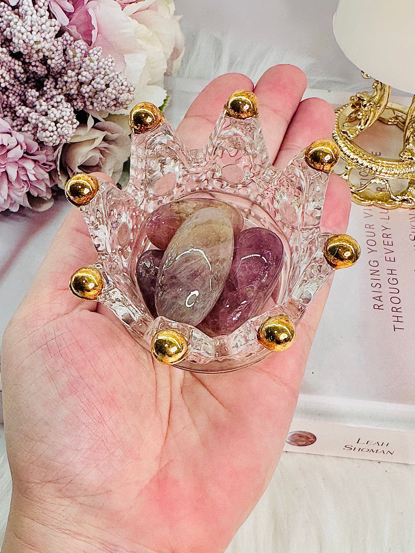 Beautiful Glass Crown with Lavender Rose Quartz Tumbles
